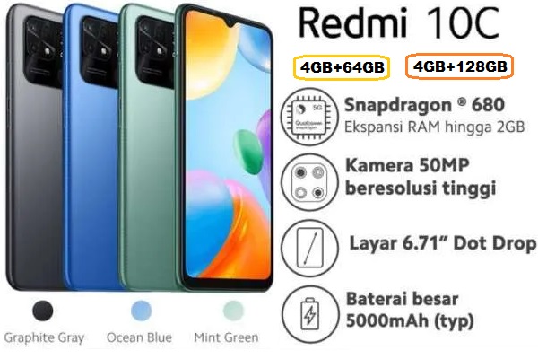 Redmi 10C spec 4GB RAM 64GB-128GB ROM