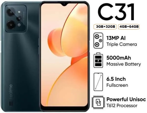 realme C31 spec 4G 3/32GB 4/64GB